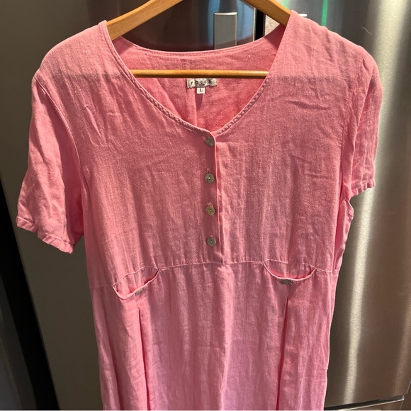 FOCUS PINK linen V-Neck long DRESS Pearl Buttons Gauzy Beach Lagenlook USA made - Picture 8 of 16